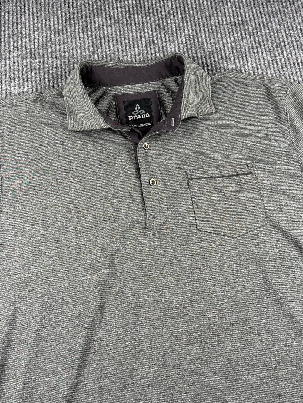 prAna Polo Mens XL Short Sleeve Gray Black Striped Pocket Outdoor Hiking Casual
